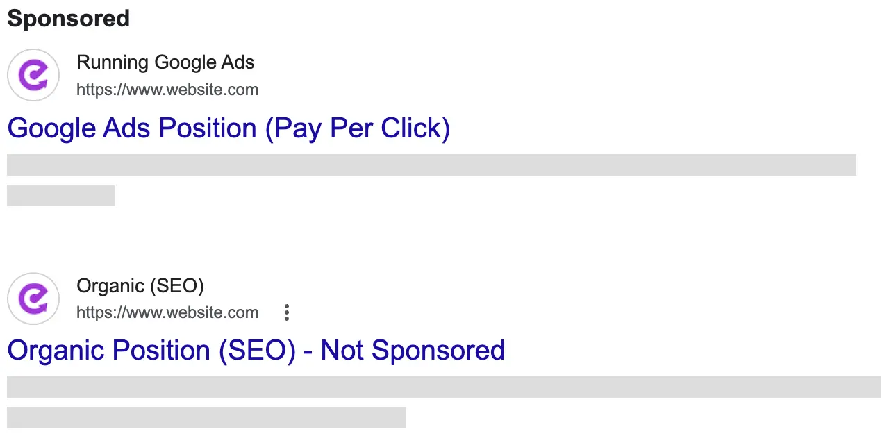 Example of organic SEO Package result next to sponsored paid ad